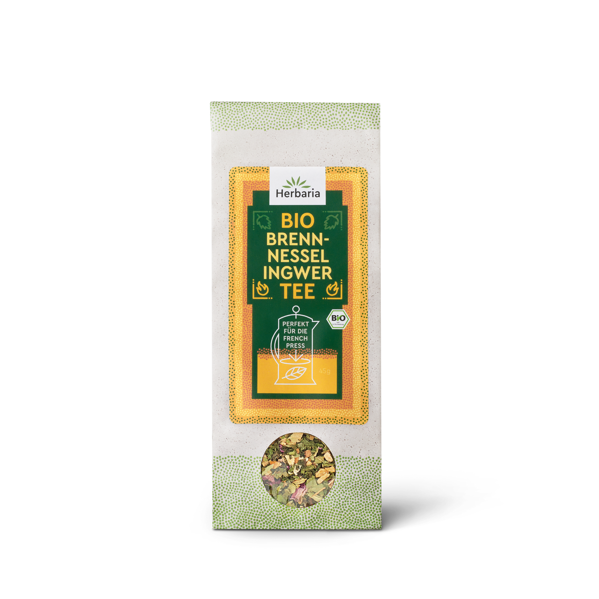 "Herbaria Teemischung Ingwer-Brennnessel loser Bio-Kräutertee."